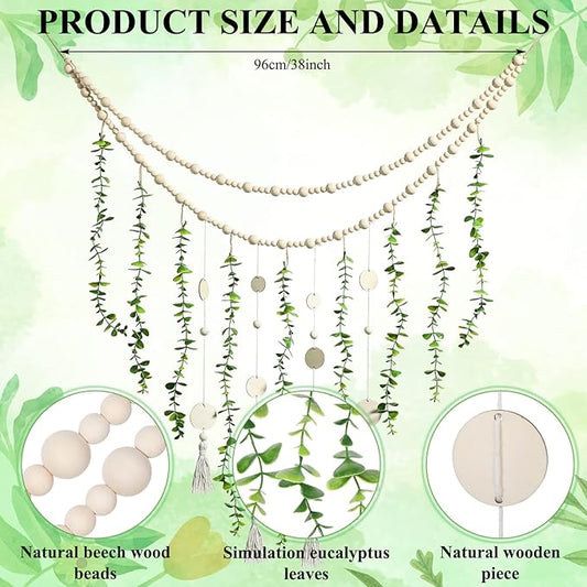 Hanging Eucalyptus Boho Wall Decor Large Boho Bedroom Wall Hanging Wooden Bead Garland Artificial Eucalyptus Natural Greenery Decoration, 36 x 36 Inch (Simple Color, Wood Chip Style)