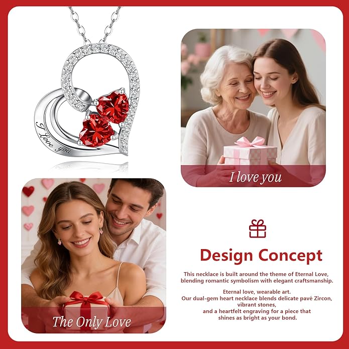 Double Birthstone Heart Necklace 0.8CT Dual-Gemstone S925 Sterling Silver Plated White Gold Engraved I Love You Perfect Anniversary/Valentine's Day Gift for Wife/Girlfriend/Mom/Daughter