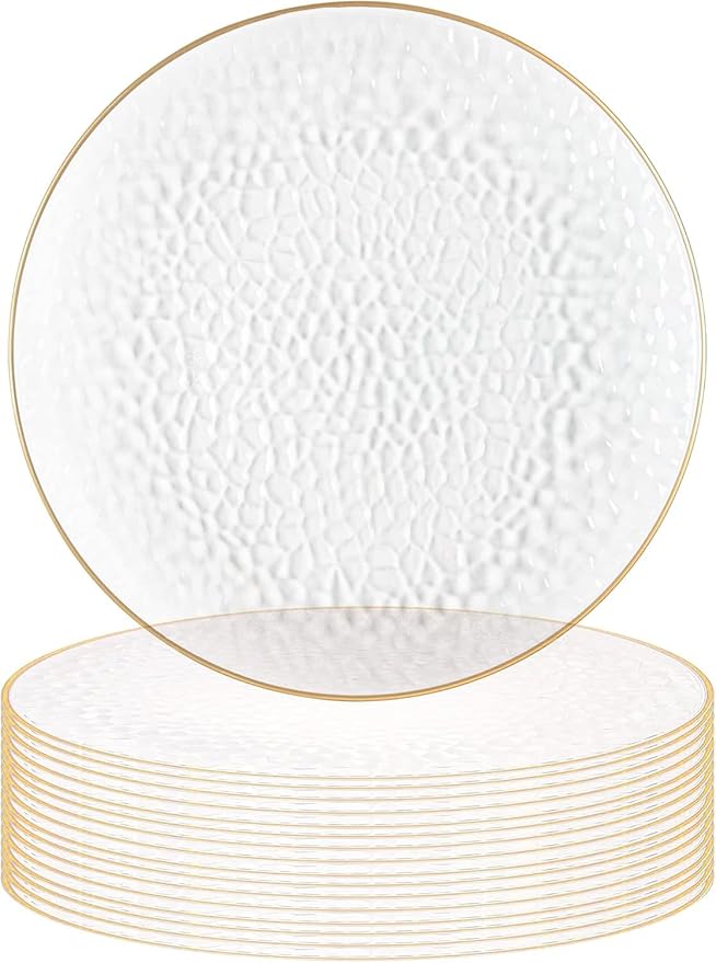PARTY BARGAINS 13-Inch Charger Plates - 16 Pack, Hammered Clear Gold Rim, Heavy-Duty Disposable Chargers for Elegant Dining - Ideal for Weddings and Formal Events