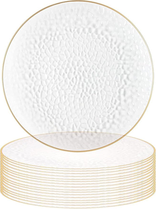 PARTY BARGAINS 13-Inch Charger Plates - 16 Pack, Hammered Clear Gold Rim, Heavy-Duty Disposable Chargers for Elegant Dining - Ideal for Weddings and Formal Events