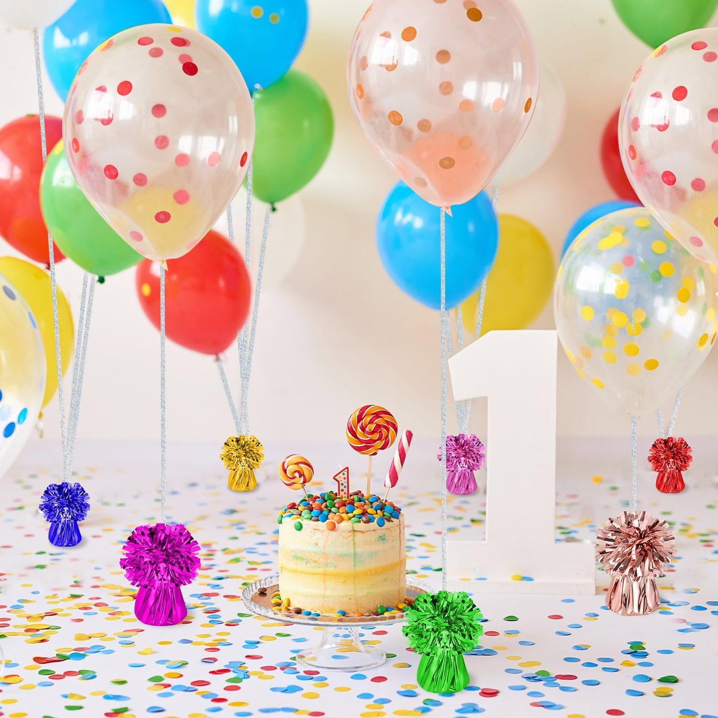 24 PCS Balloon Weights Metallic Anchor, Balloon Holder Heavy Weights with 1 Roll Iridescent Crimped Ribbon for Balloons Table Party Favor Birthday Decor(Colorful)