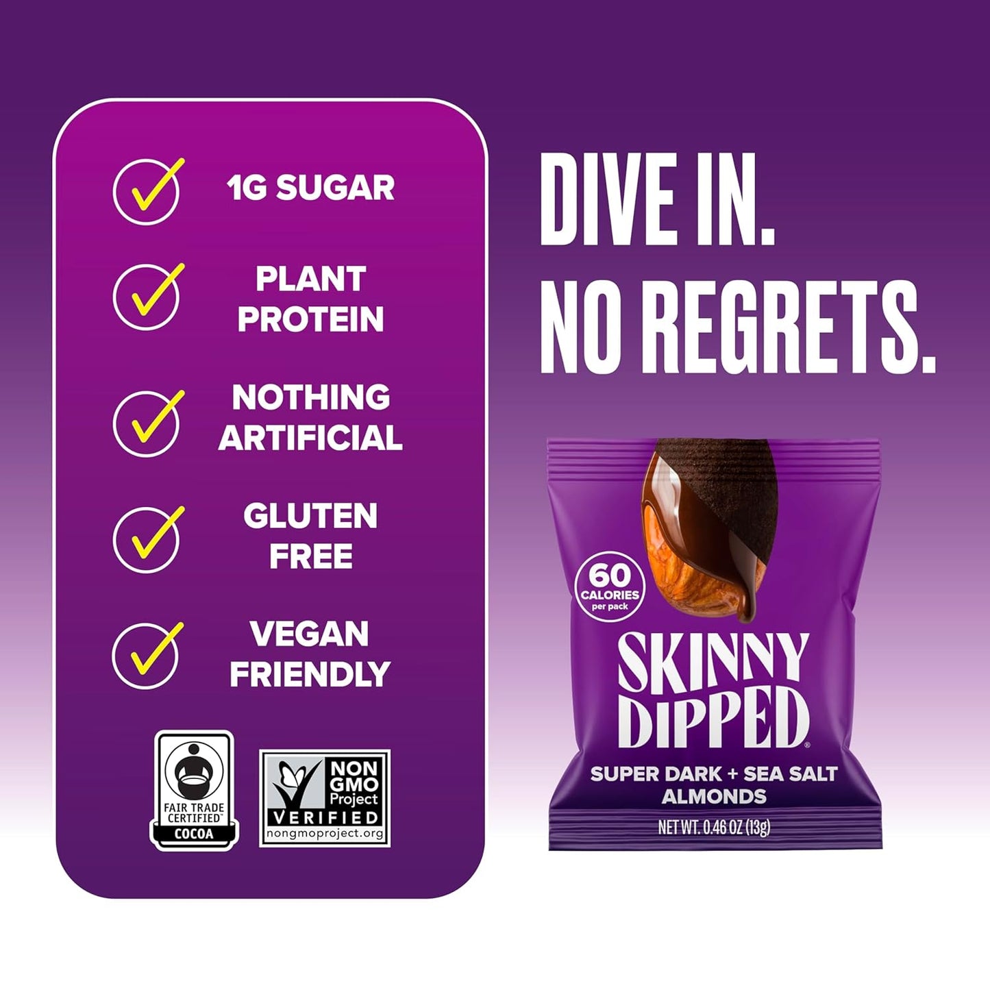 SkinnyDipped Super Dark Chocolate + Sea Salt Almonds, Vegan, Healthy Snack, Plant Protein, Gluten Free, 0.46 oz Mini Bags, Pack of 24