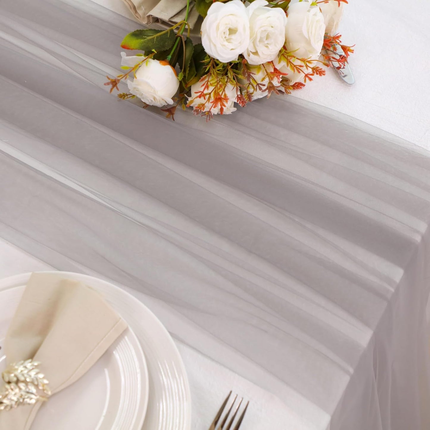 Snowkingdom Grey Table Runner, 10FT Light Grey Tulle Rustic Gauze Cheesecloth Table Decorations, Long Boho Rustic Tulle Runners for Wedding Birthday Christmas Outdoor Party Home Decor 120 Inch