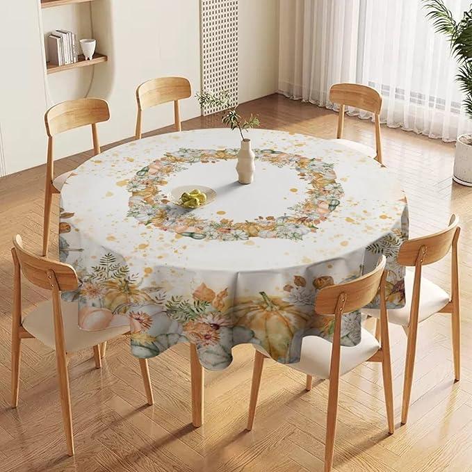 YCness Fall Tablecloth Thanksgiving Autumn Harvest Orange Watercolor Pumpkin Leaves Table Cover for Party Picnic Dinner Decor 36x36 Inch Round