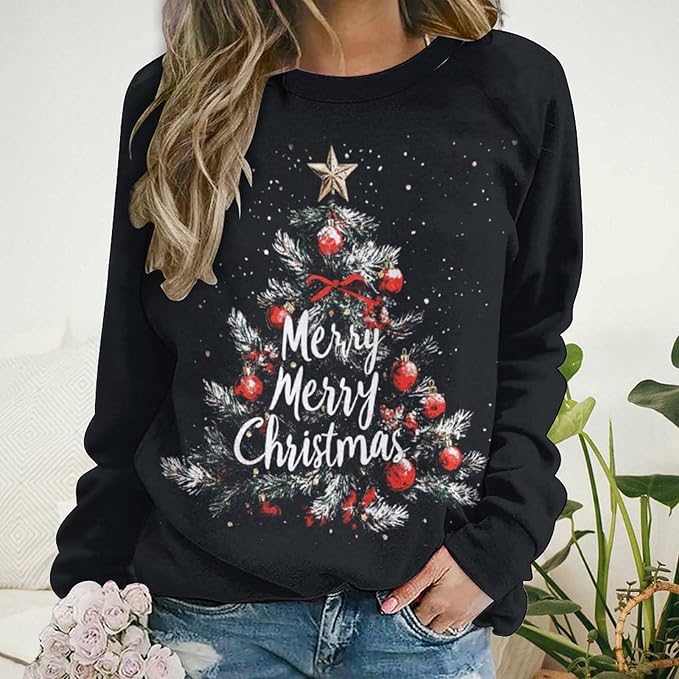 LOAIHA Christmas Sweatshirts for Women Christmas Tree Graphic Shirt Xmas Long Sleeve Merry Christmas Pullover Blouse