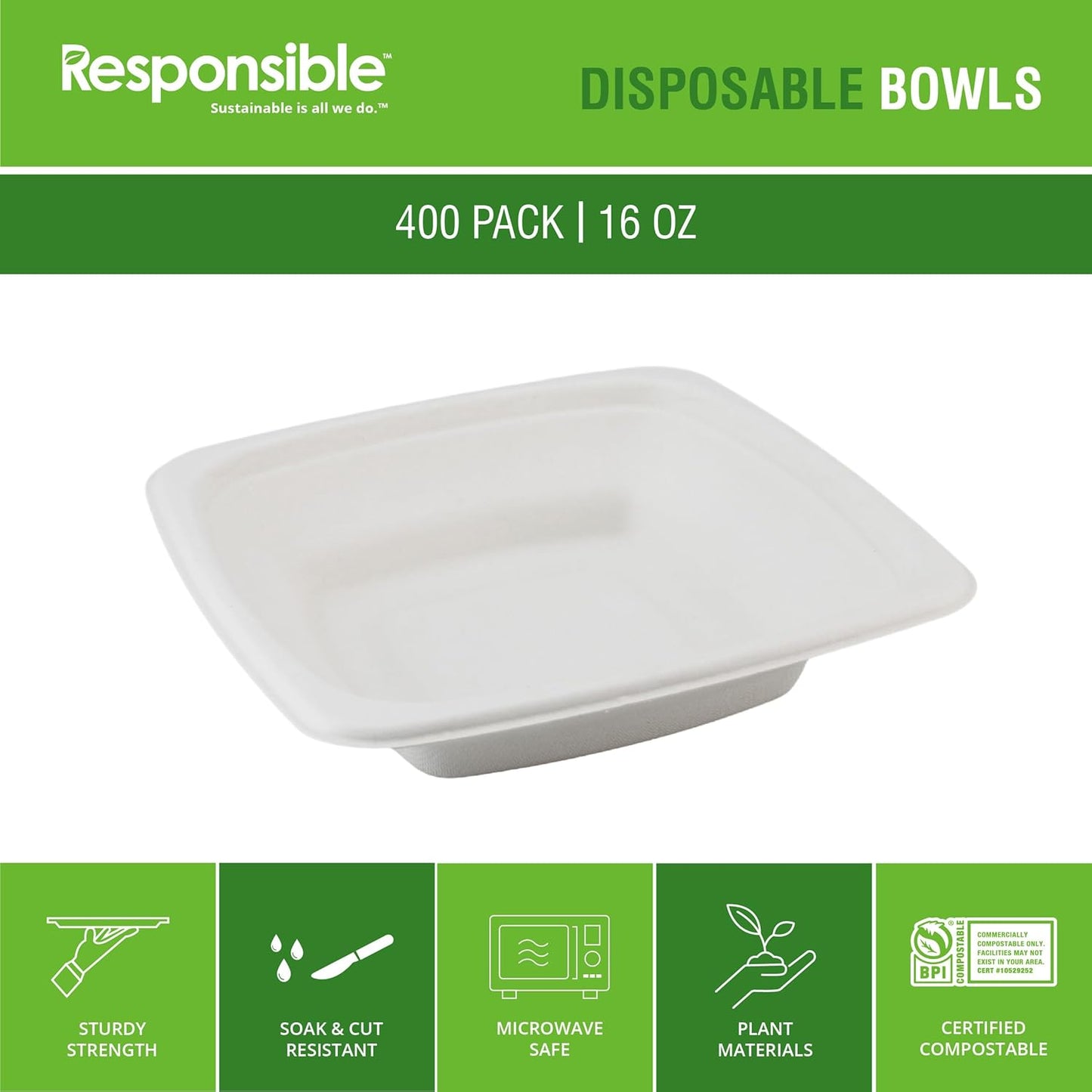 100% Compostable Square Serving Bowls, 16 oz Disposable Paper Bowls, Microwave Safe, Freezer Safe, Soup Safe, No Plastic, Eco-Friendly, Tree-Free, No PFAS. White (400 Count)