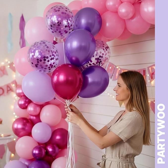 PartyWoo Pink and Purple Balloons 65pcs 12 Inch Baby Pastel Light Metallic Pink Light Purple Lavender Lilac Confetti Balloons for Baby Shower Princess Butterfly Birthday Party Decorations