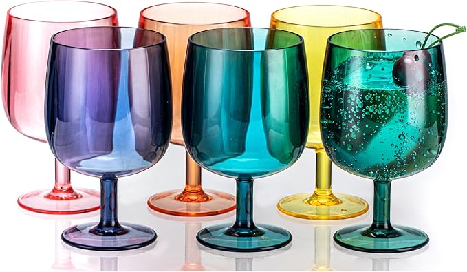 12oz Colorful Stemmed Wines Cups (Set of 6), Shatter-Proof Acrylic Bar Glasses, BPA-Free, Dishwasher-Safe