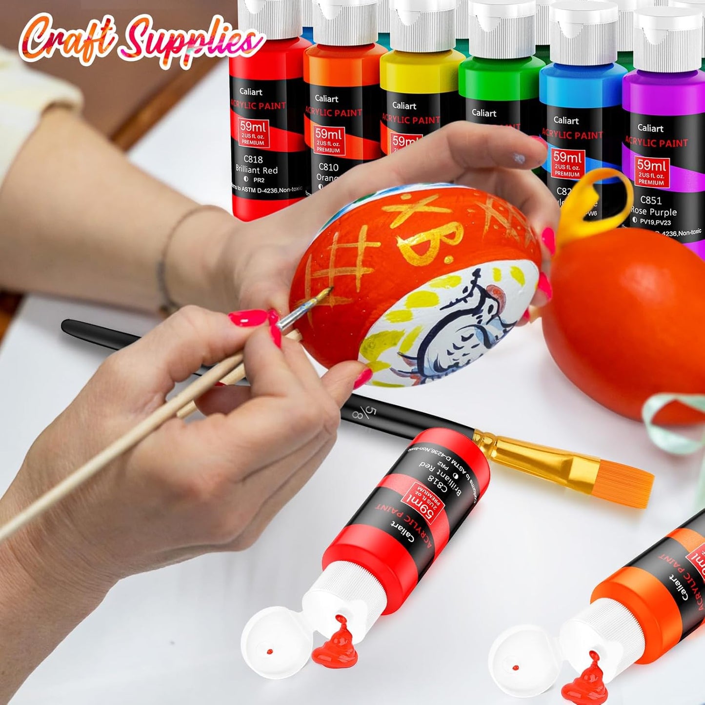 Caliart Acrylic Paint Set with 12 Brushes, 72 Colors (59ml, 2oz) Art Craft Paints Gifts for Artists Adults Beginners Painters, Pumpkin Canvas Ceramic Wood Rock Painting Kit Art Supplies