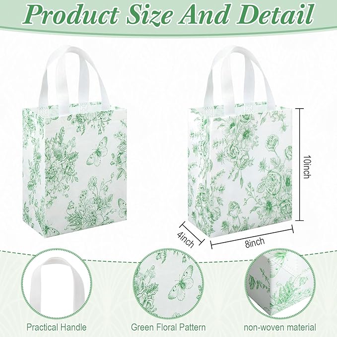 Wovnet 30 Pcs Green Floral Gift Bags Bulk Reusable Non Woven Vintage Floral Tote Treat Goodie Candy Bags with Handle Spring Flowers Party Favors Pouch for Holiday Wedding Party Decor 10 x 8 x 4 Inch