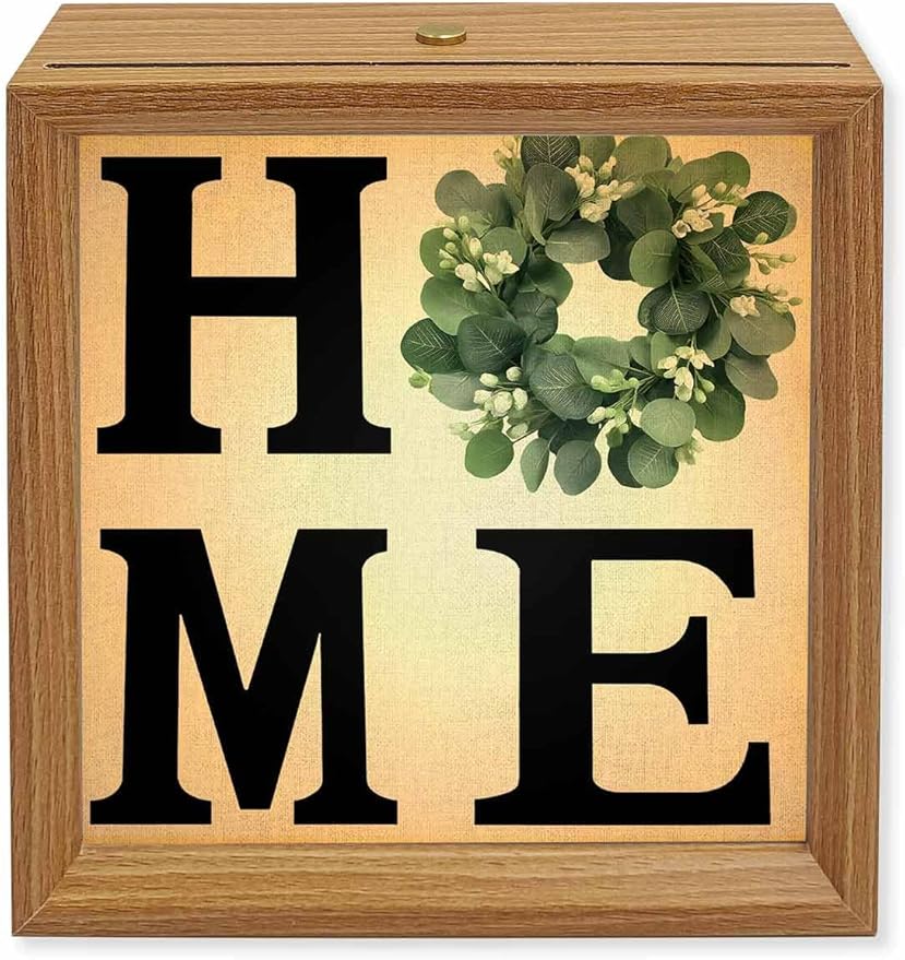 Wood Night Light Box 4.5x4.5in,Home Green Eucalyptus Leaves Garland Table Lights Wooden Picture Frame with USB Rechargeable Touch LED Lights for Home Decor Desktop Display,Retro Linen