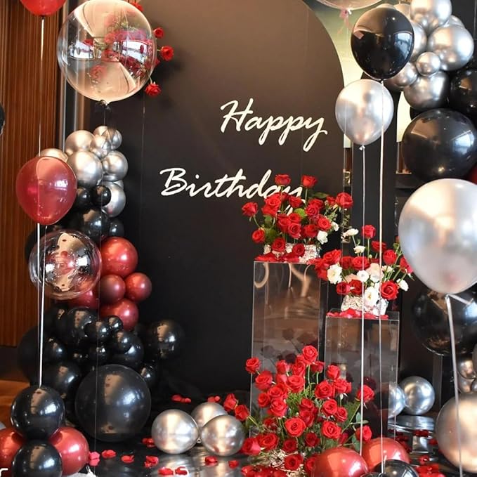 MEBAY Black Red Metallic and Confetti Silver Balloons Garland Arch Kit, 147 Pcs Latex Balloon Different Sizes for Birthday Party Graduation Father's Day Anniversary Bachelorette Party Decoration