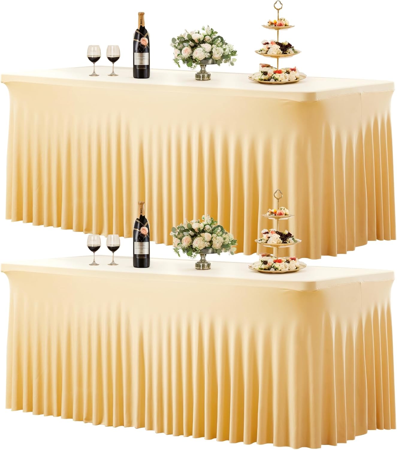 Besutolife 2 Pack Champagne Spandex Tablecloth for 6ft Rectangle Tables Fitted Table Cloth Stretch Table Covers Skirt 6ft Rectangular Tablecloths for Banquet Parties Wedding Decorations