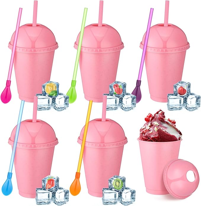 6 Set Slushie Cups with Dome Lids and Straws Detachable Spoon Straws Reusable Plastic Iced Coffee Cups Smoothie Tumbler for Birthdays Summer Party Supplies(Pastel Pink,16 oz)