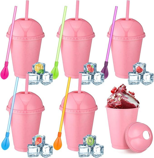 6 Set Slushie Cups with Dome Lids and Straws Detachable Spoon Straws Reusable Plastic Iced Coffee Cups Smoothie Tumbler for Birthdays Summer Party Supplies(Pastel Pink,16 oz)