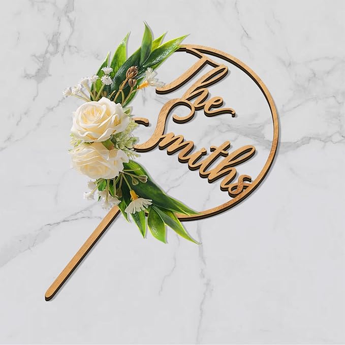 3D Flowers Wedding Cake Topper Personalized Last Name Wedding Cake Decoration in Wood with 3D Artificial Roses