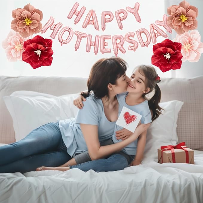 Mother’s Day Party Balloons Kit Decorations 16 inch Foil Balloon Set Happy Mother's Day Best Mom Balloon Set Decoration for Mother's Day (Red Pink Mauve Flower Balloon)
