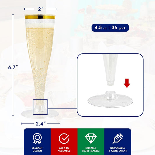 JOLLY CHEF 36 Count Plastic Champagne Flutes 4.5 oz Gold Rim Clear Disposable Toasting Glasses