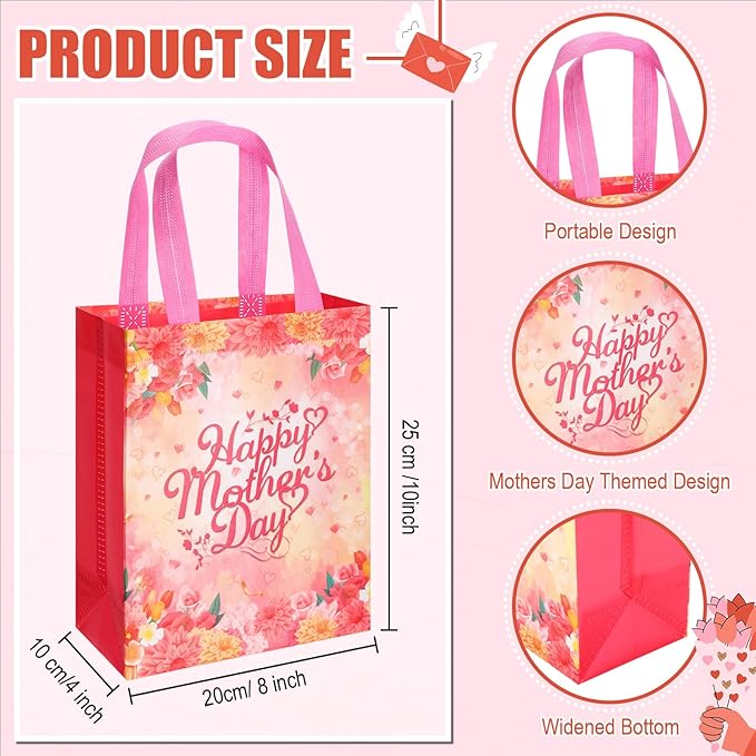 Wesnoy 100 Pcs Mother's Day Gift Bags Bulk with Handle Reusable Floral Non Woven Love Mom Treat Goodie Bags Gift Wrap for Mom Grandma Happy Mother's Day Party Favor Supplies