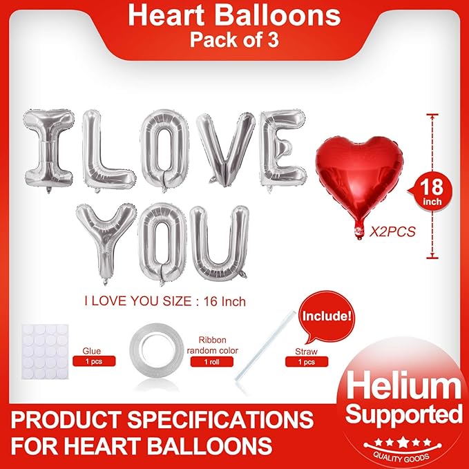 Red Heart Shaped Balloons Silver I LOVE YOU Valentine Balloons for Valentines Day Bridal Shower Wedding Party Decorations