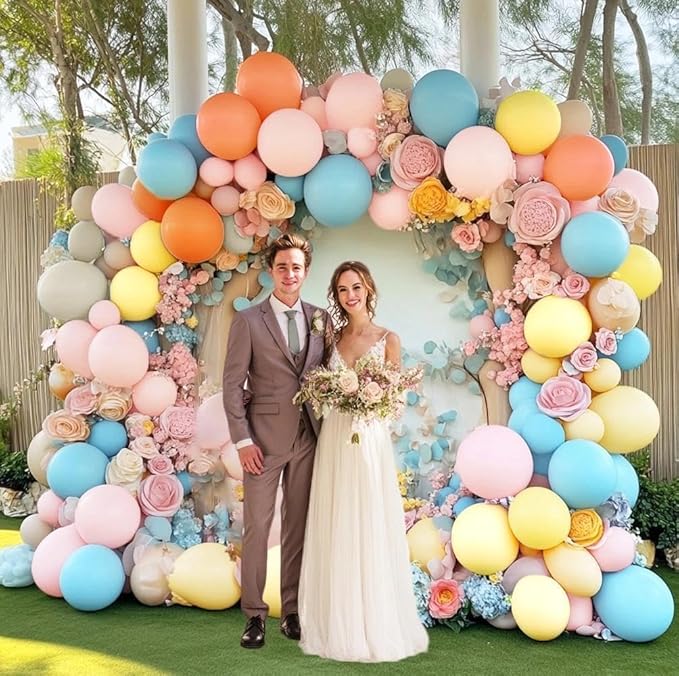Yellow Blue Pink Balloon Arch Double Stuffed Pastel Pink Blue Yellow Peach Sand White Balloon Garland Kit for Baby Bridal Shower Birthday Wedding Fairy Easter Flower Spring Tea Party Decor