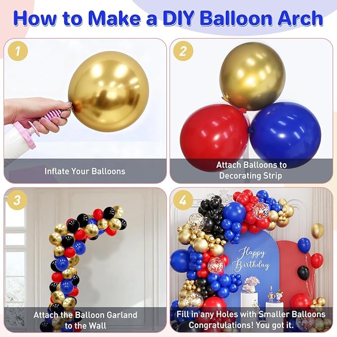 Red Black Blue Gold Balloons Garland Arch Kit, 167Pcs Latex Balloons Different Sizes 18 12 10 5 inch for Graduation Birthday Baby Shower Spider Theme Party Decorations