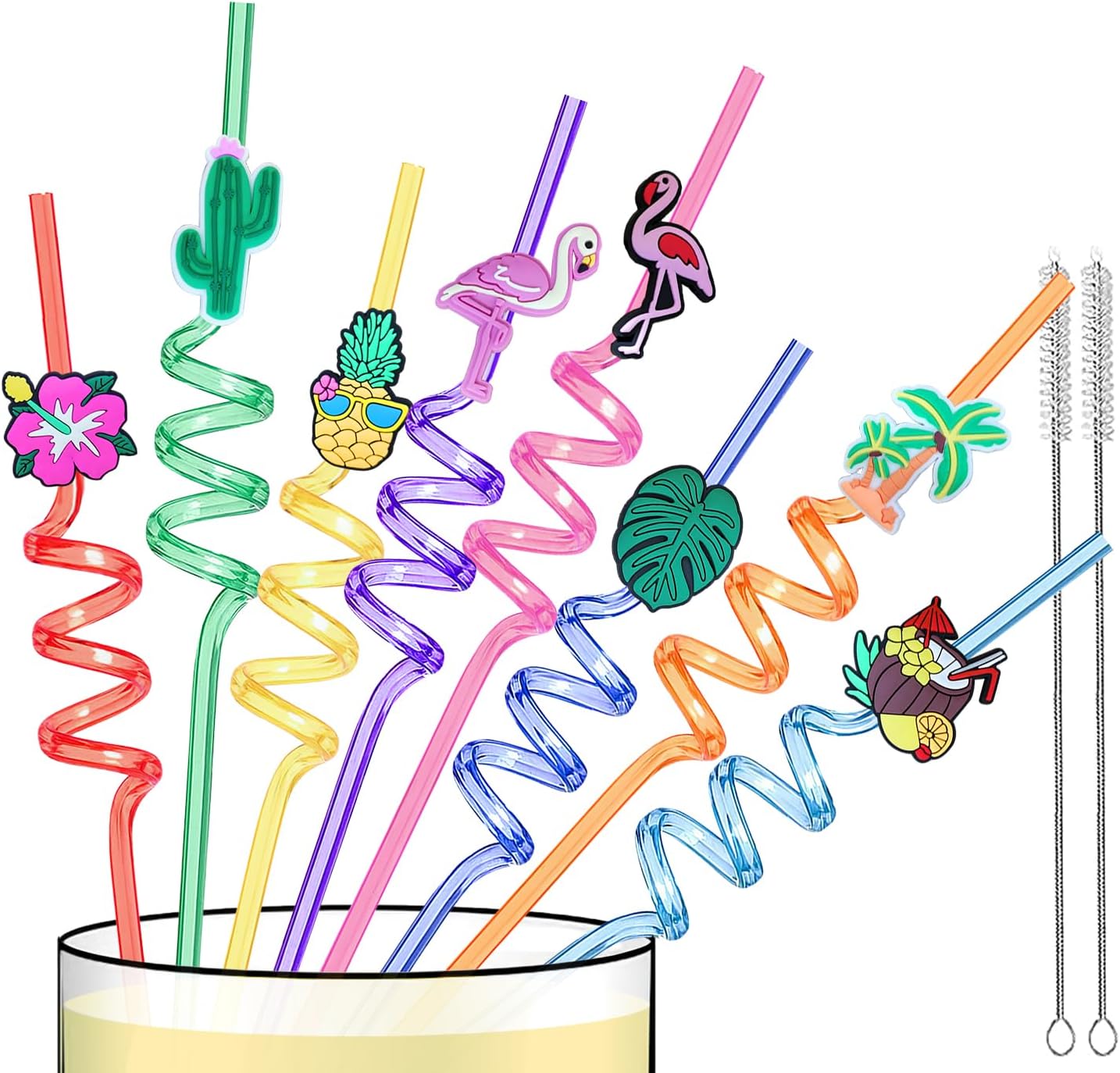 Reusable Hawaiian Straws for Summer Birthday Party Favors, 24 PCS Swirly Straws for Beach Party Decorations Supplies Drinking Straws with Cleaning Brush