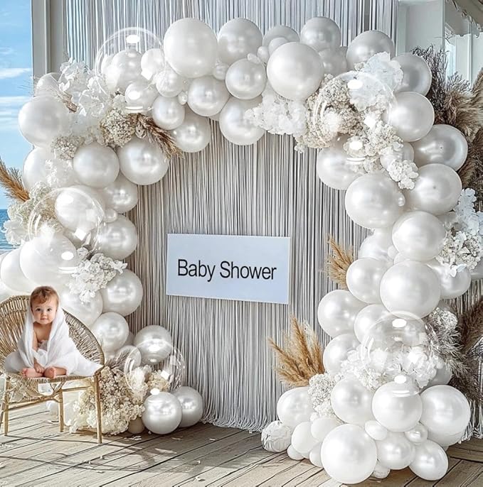 Pearl White Balloon Arch Double Stuffed Pastel White Cream Balloon Garland Different Sizes 12/10/5in With Clear Bobo Balloons For Birthday Wedding Bridal Baby Shower Baptism Engagement Party Decor