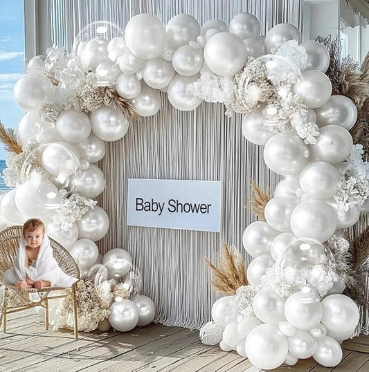 Pearl White Balloon Arch Double Stuffed Pastel White Cream Balloon Garland Different Sizes 12/10/5in With Clear Bobo Balloons For Birthday Wedding Bridal Baby Shower Baptism Engagement Party Decor