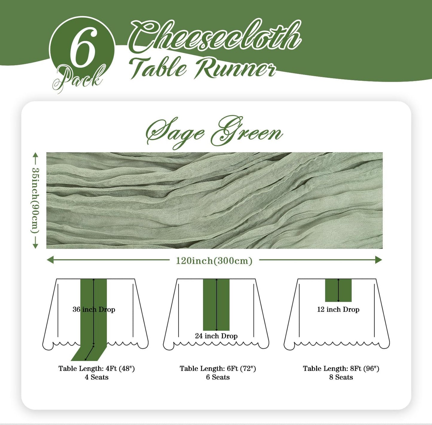6 Pack Sage Green Table Runner, 35x120 Inch Cheesecloth Table Runner, Boho Gauze Table Runners, Rustic Sheer Cheese Cloth Table Runners for Wedding, Baby Shower, Birthday Party, Home Decor