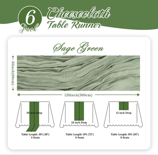 6 Pack Sage Green Table Runner, 35x120 Inch Cheesecloth Table Runner, Boho Gauze Table Runners, Rustic Sheer Cheese Cloth Table Runners for Wedding, Baby Shower, Birthday Party, Home Decor