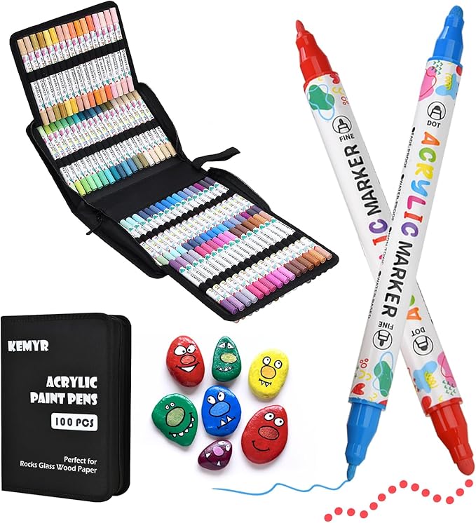 KEMYR 100 Colors Acrylic Paint Pens, Dual Tip Acrylic Paint Markers for Paper, Wood, Canvas, Stone, Rock Painting, Glass, Fabric, DIY, Ceramic, Art Supplies for Adults Drawing (Dot + Fine)