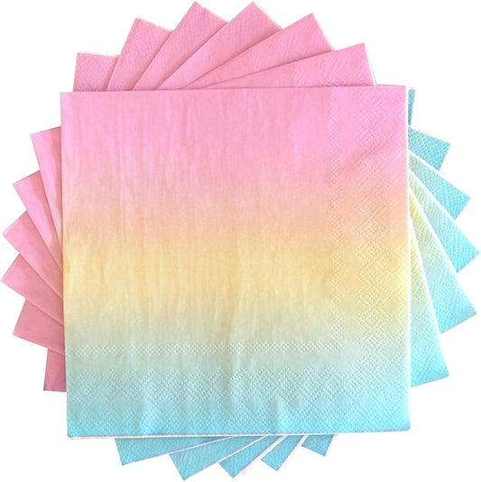Party Paper Napkins - 50 Pack Pastel Birthday Disposable Paper Napkins with on Pink Yellow Blue Ombre Gradient for Cocktail Party Supplies - 6.5" x 6.5" inches (Any Occasion)