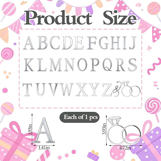 28 Pcs Silver Acrylic Wedding Cake Topper Personalized Diamond Ring and Alphabet A-Z Cake Picks for Marriage Engagement Anniversary Valentines Party Decorations Supplies