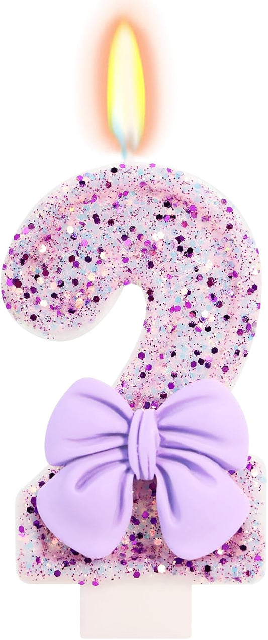 Birthday Candle for Cake, 2 Candle - Purple Glitter with Bowknot, 2.76 inch Cake Topper Decoration for Two Years Old Birthday Party (Number 2)