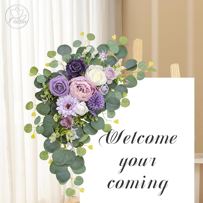 Artificial Wedding Arch Flowers for Wedding Sign,Set of 2 for Wedding Welcome Ceremony Sign,Faux Floral Swags,Wedding, Banquet and Reception Backdrop Floral Decoration (Purple)