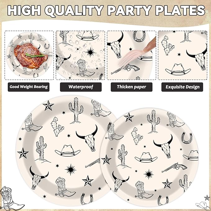 96PCS Western Cowboy Party Paper Plates and Napkins Set for Rodeo Party Cake Dessert Plates Disposable Decor Supplies Wild West Bachelorette Tableware for Kids Birthday Gatherings Decorations
