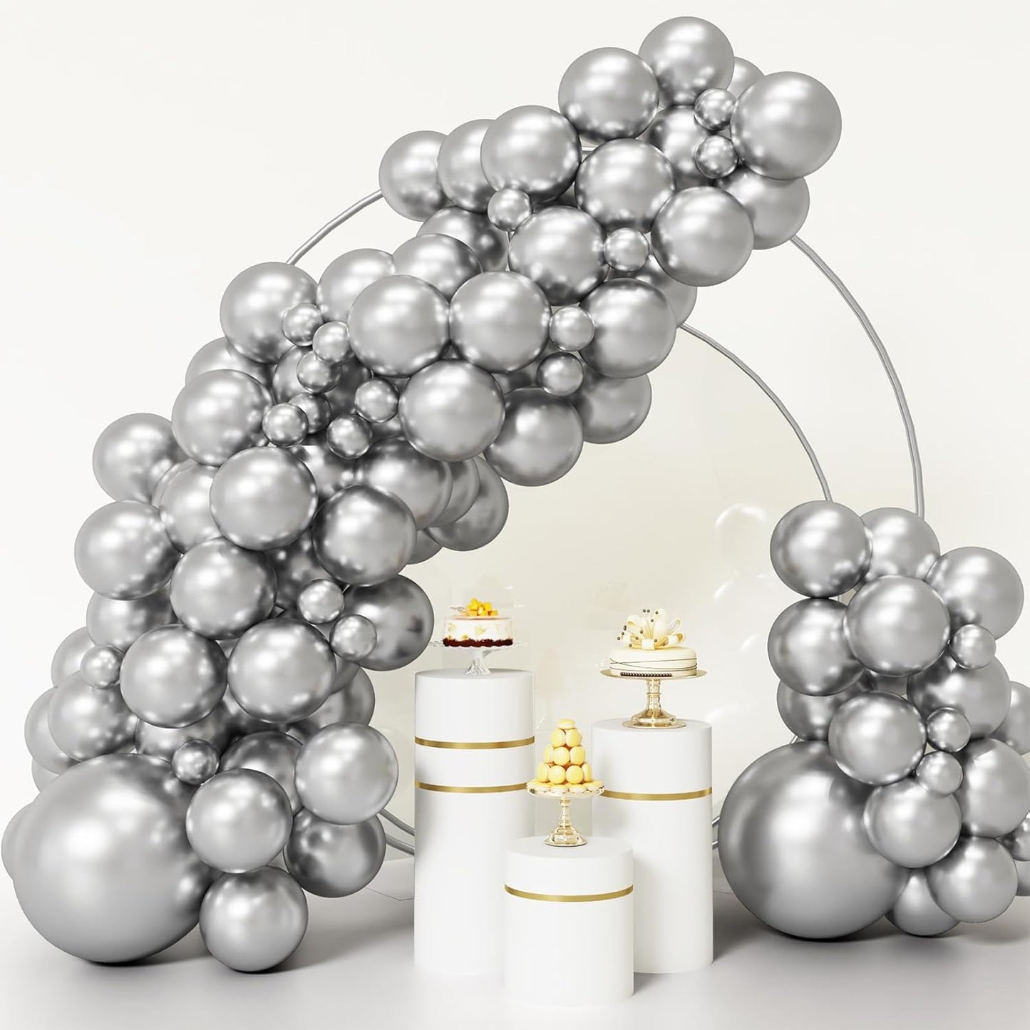 RUBFAC 92pcs Silver Balloons Different Sizes 5/10/12/18 Inch Metallic Silver Balloon Garland for Happy New Year Decorations Birthday Wedding Baby Shower Graduation Party Decorations