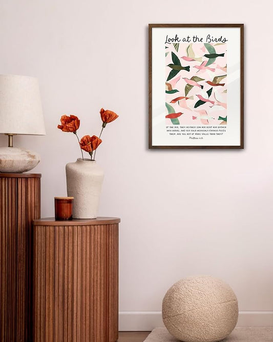 EcoHest Walnut Color OAK Wood Framed Wall Art, 12x16in Matthew 6 Look At the Birds of the Air Bible Verse Christian Wall Art, Modern Bedroom Decor For Living Room Bathroom Religious Gift 1Pack