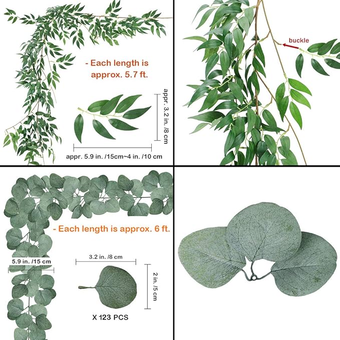 Windiy 5.5' L Mixed Faux Silver Dollar Eucalyptus Artificial Willow Vines Twigs Leaves Garland Wedding Arch Swag Backdrop Greenery Garland Table Runner Indoor Outdoor