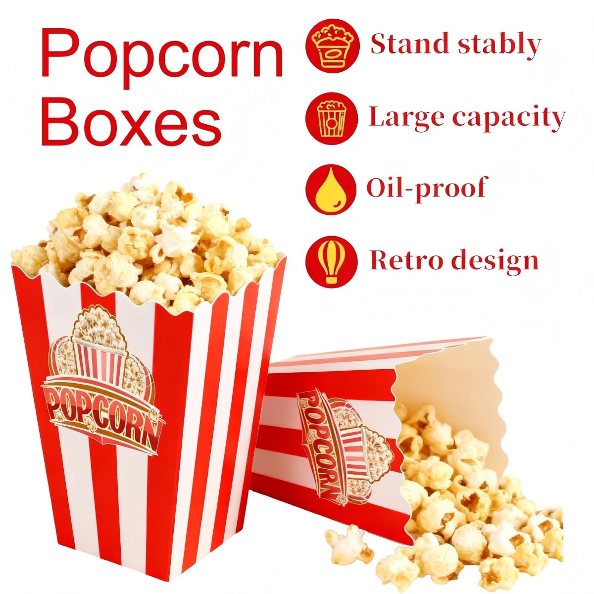 30Pcs Red White Striped Classic Popcorn bucket, Disposable Popcorn Boxes for Movie Night, Home Halloween, Thanks Giving, Christmas Party