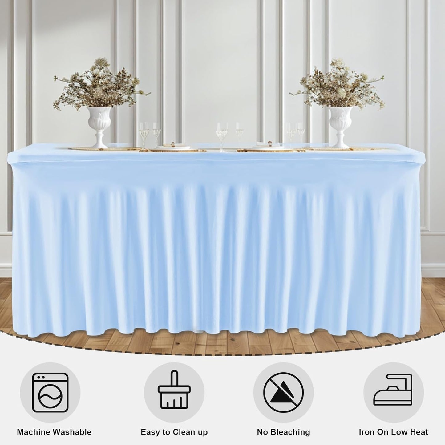 60 Inch Baby Blue Rectangle Tablecloth, 2 Pack Wrinkle-Resistant Fitted Table Cover with Elastic Edge, Washable Dining Table Cloth for Kitchen, Party, Wedding, Buffet, Baby Shower