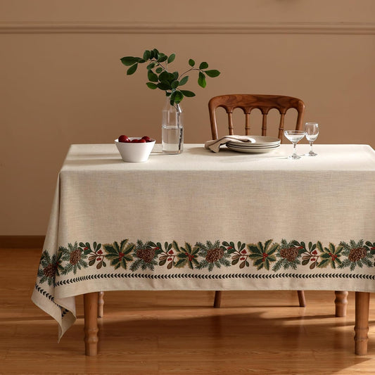 ISAENNE Designer Christmas Linen Long Rectangle Tablecloth,Light Beige Western Table Cloth,Wrinkle Resistant Decor Tablecloths for Dining Thanksgiving Kitchen Christmas,63"*94"-Carol G