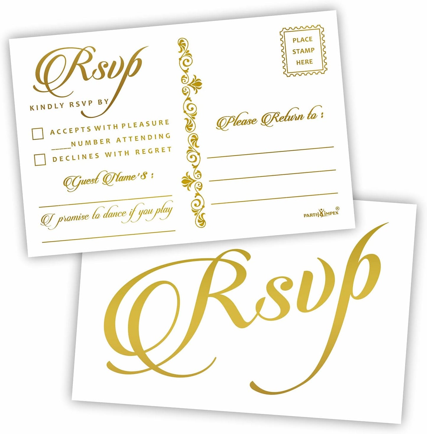 PARTH iMPEX RSVP Postcards for Wedding - Pack of 50 Gold Foil 4x6 Response Cards with Mailing Side White Mailable Invitations for Bridal Shower Reception Engagement Party Anniversary Event Stationery