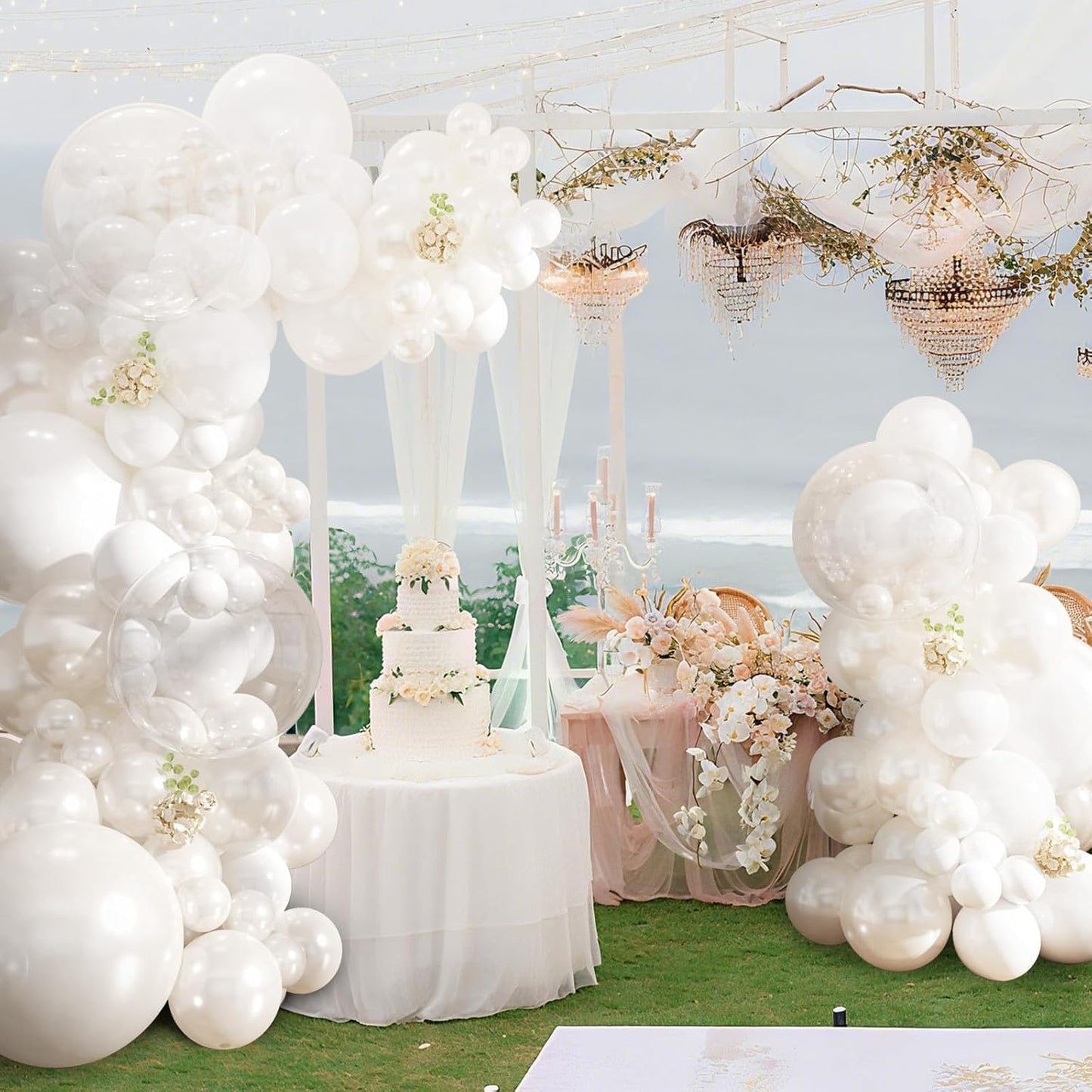 Pearl White Balloon Arch Kit, Double Stuffed White Clear Balloon Garland Kit for Wedding Birthday Baby Shower Gender Reveal Bridal Engagements Party Decorations