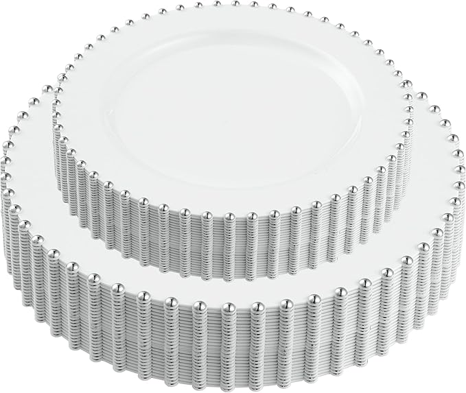 PLASTICPRO 64 Piece Combo Plastic Dinner Plates Disposable Plastic Fancy Heavy Duty Party Dishes 7 inch and 10 inch, White and Silver Beaded