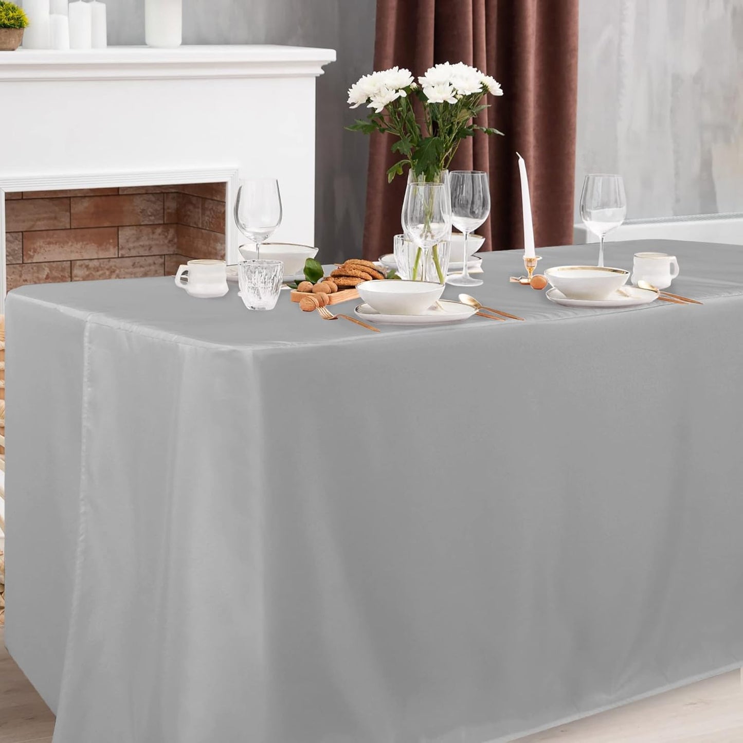 Obstal 2 Pack Table Clothes for 8 Foot Rectangle Tables - Water Resistant Washable Fabric Polyester Rectangle Table Cover Protector for Wedding, Banquet and Trade Shows, 96L x 30W Inches, Silver