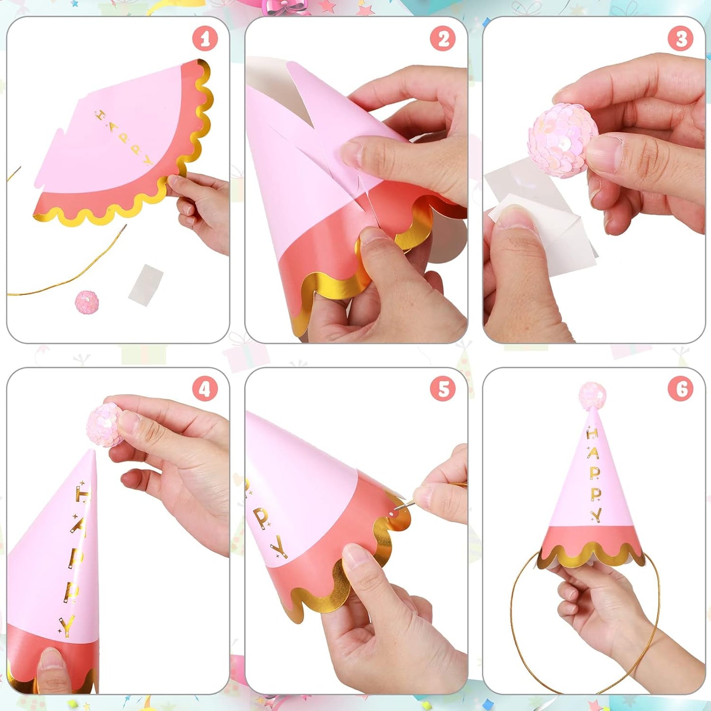 16 Pcs Birthday Party Hats Party Cone Hat with Pom Poms Birthday Glasses Photo Booth Props for Kids Adults (Glitter Style)