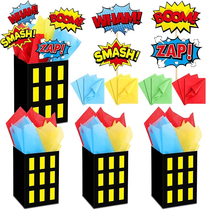 4 Sets Hero Theme Party Decoration Hero Boxes Centerpiece (7.9 x 5.1 x 5.1 Inch) Sticks with Tissue Paper Standing Cards Birthday Baby Shower Party Supplies (Yellow)