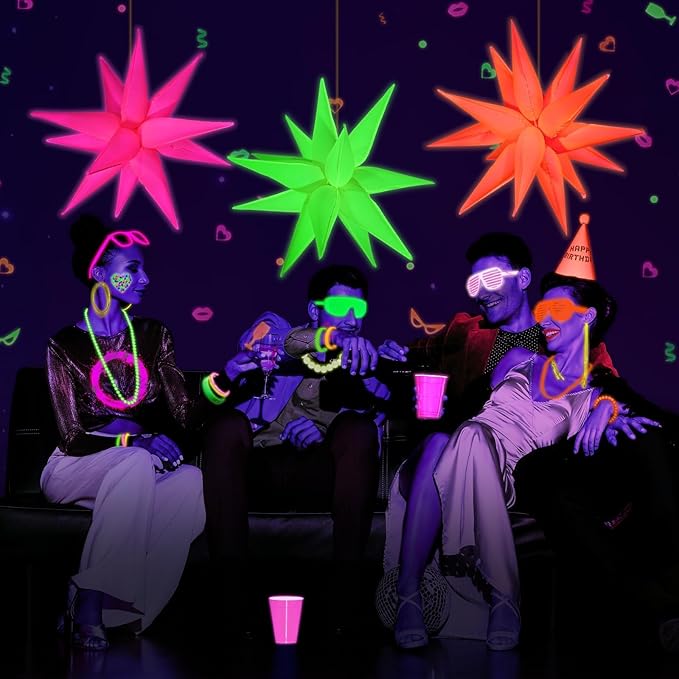 Mega-L Glow in The Dark Party Supplies, 10 Pcs Neon Explosion Star Balloons Kit, Neon Party Decorations, DIY Neon Balloon with 12 point Cone Balloons for Arches Birthday Wedding Carnival